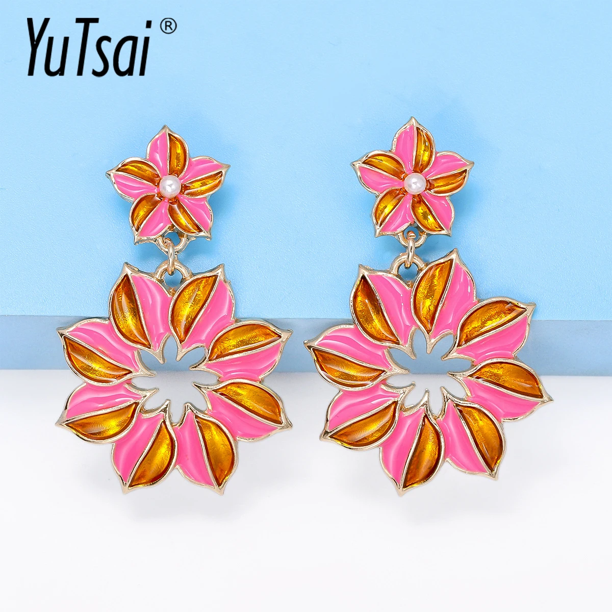 

YUTSAI Fashion Hollow Flower Drop Earrings Elegant Pink Polygon Plant Earring for Women Jewelry Accessories Gifts YT1113