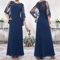 navy blue mother of the bride dress illusion applique o neck chiffon a line flare sleeve plus size wedding evening mother gowns