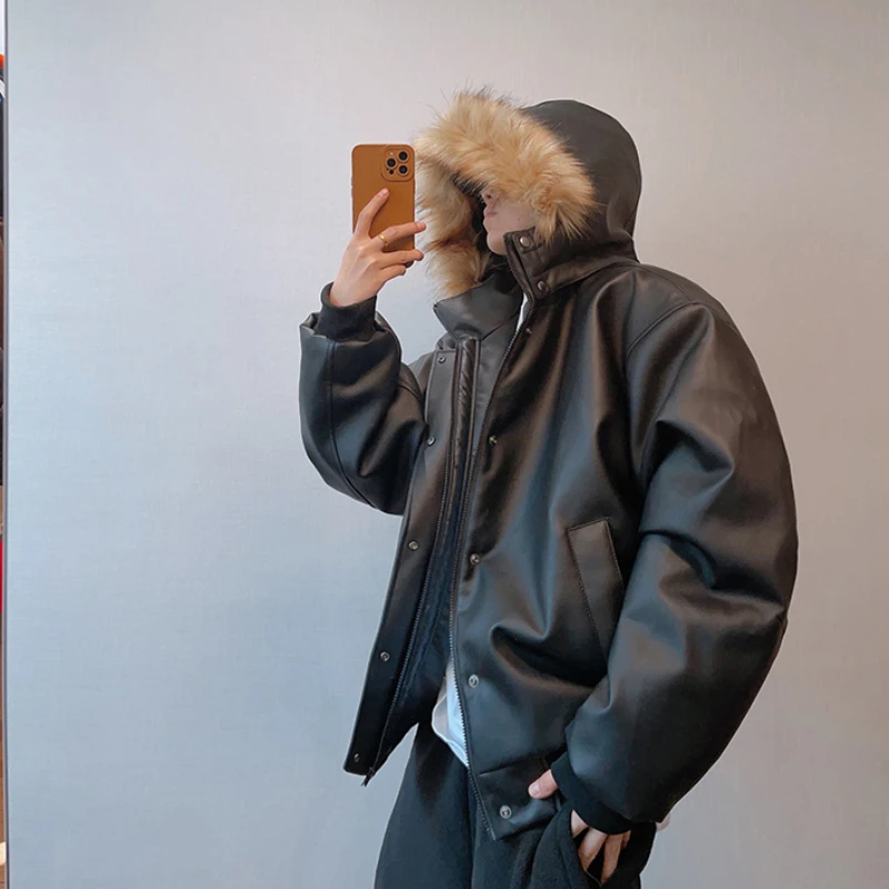 Утепленная хлопковая куртка из искусственной кожи мужская со съемным меховым