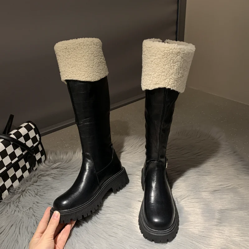 Women's Knee-high Boots Stylish Back Zipper Midheel Platform Shoes 2023 New Winter Cashmere Warm Boots PU Women's High Boots