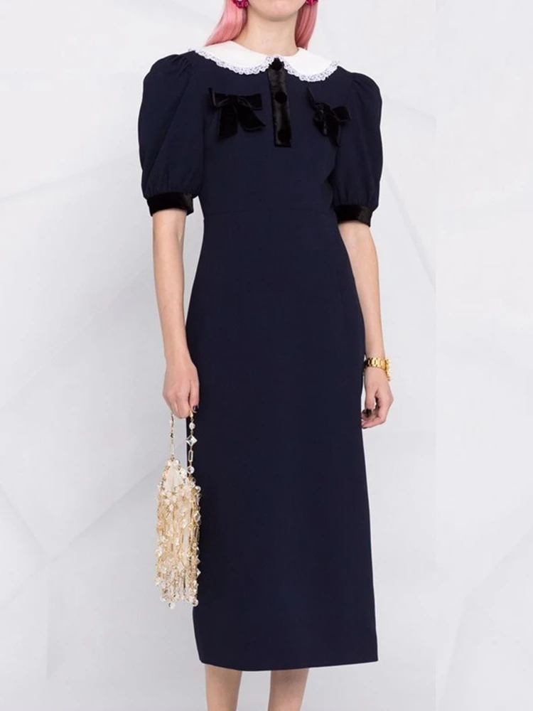 

French Summer Dress Women 2023 Chic and Elegant Dress Women's Party Sexy Commuter Lace Pan Collar Puff Short Sleeve Midi Dress