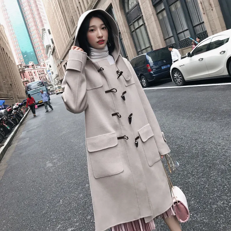 

Solid Horn Buckle Women's Jacket Pockets Hooded Korean Womens Fashion Coat Casual Loose Long Wool Blend Ladies Coat Women 2022
