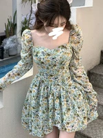 seaside holiday dresses for women 2022 summer new chiffon french vintage square neck long sleeve women floral boho beach dress