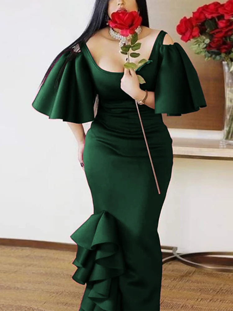 

Women Formal Dress Elegant Party Club Maxi Bodycon Slim Ruffle Robe Femme Flare Sleeve Cold Shoulder Evening Christmas Ball Gown