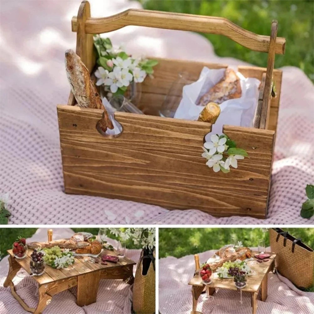 Outdoor Portable Tables Wooden Folding Picnic Basket Table Rectangle Foldable Desk Wine Glass Rack Collapsible Table Snack Tray