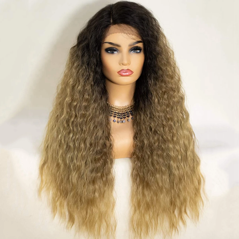 Blonde Curly Synthetic Lace Wig Kinky Curly Lace Front Wigs for Black Women Daily Long Curly T Part Synthetic Wig Full Density