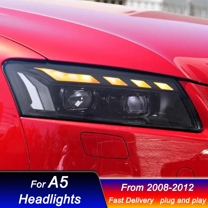 Фото Стильные фары для Audi A5 RS5 2008-2012, новый дизайн, полностью светодиодные DRL, динамические указатели поворота, биксеноновые линзы, комплект фар в сборе. №3