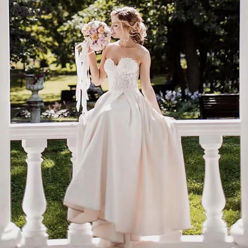 

JEHETH Elegant A-Line Wedding Dresses For Bride Sweetheart Strapless Lace Appliques Robe De Mariée Simple Satin Bridal Gown 2023