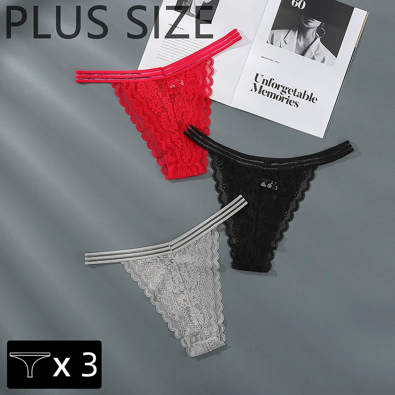 3PCS Sexy Panties Plus Size Lace Thongs Solid Color Low Waist Women's Underwear Comfortable Sexy Lingerie Thong Female Underpant