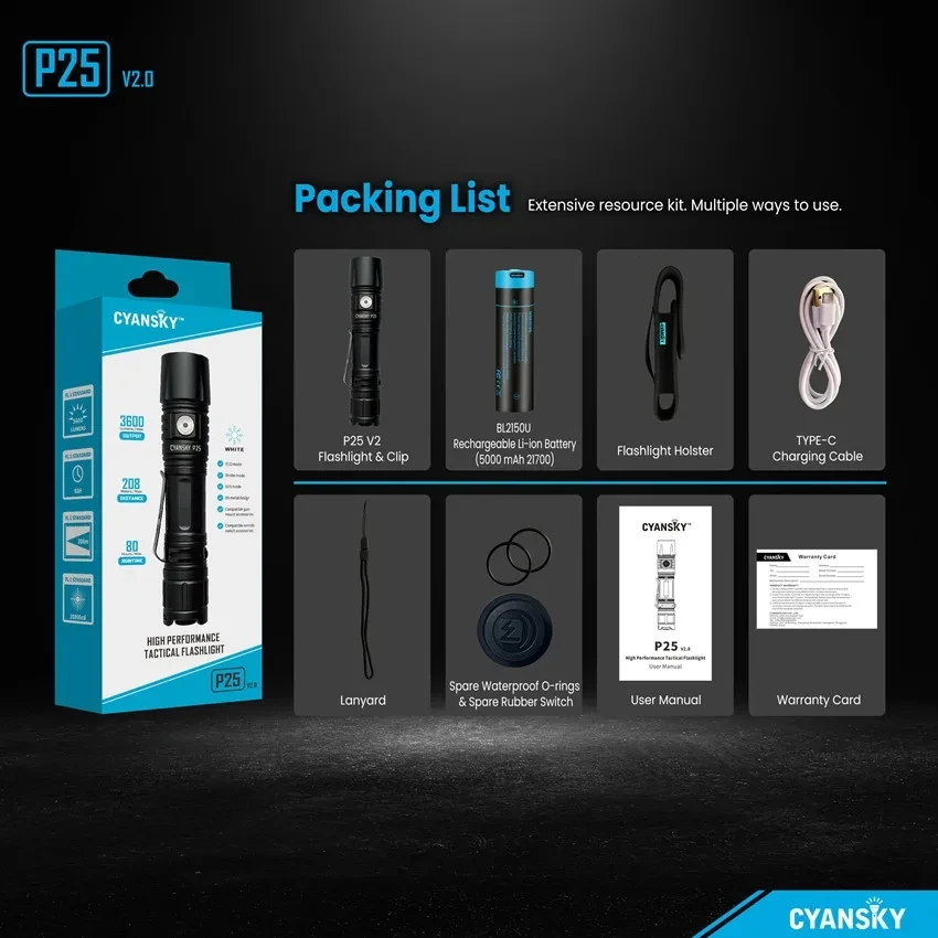 Cyansky Мощный светодиодный фонарик Перезаряжаемый Тактический фонарь Long Shot Ручная