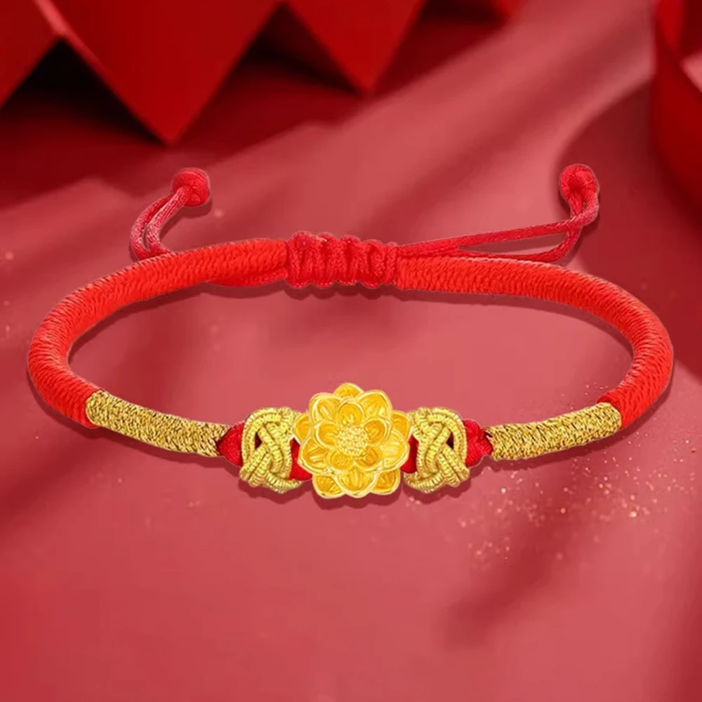 Женский браслет из желтого золота 999 пробы 24 карата с красной оплеткой 3D красивая