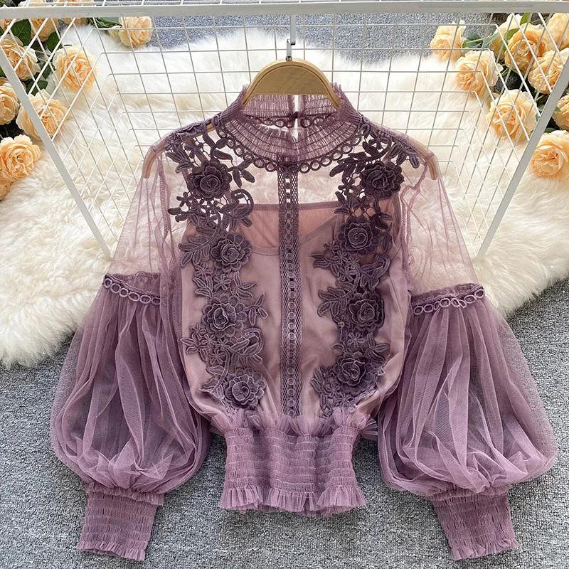 

2023 lace puff long sleeve blouse vintage fashion blouses elegant femme blusas korean woman tops women shirts clothing dropshipp