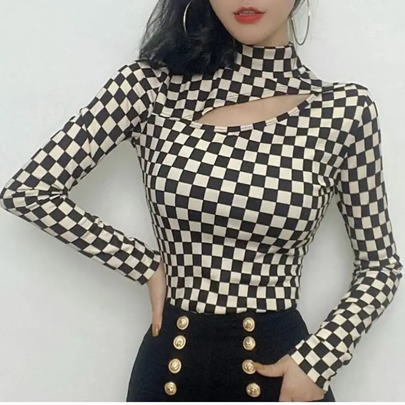 

2022 New Fashion Checkerboard Plaid T-Shirt Women Hollow Out Long Sleeve Half Turtleneck Slim Bottoming Shirt Top Female Clothes