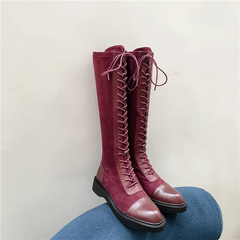 

Autumn and winter Women knee high boots 22-24.5cm cowhide+flannel stretch boots colorblock cross tie skinny boots high boots
