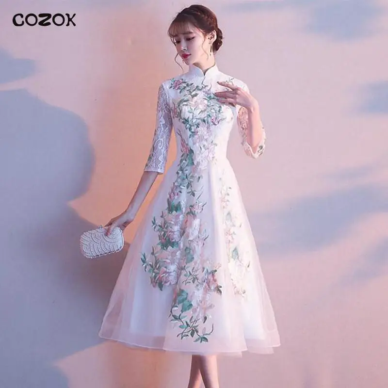 COZOK Flower Embroidery Mesh Qipao Sexy Pleated Prom Party Dress Gown Mandarin Collar Chinese Lady Cheongsam Summer New Vestidos