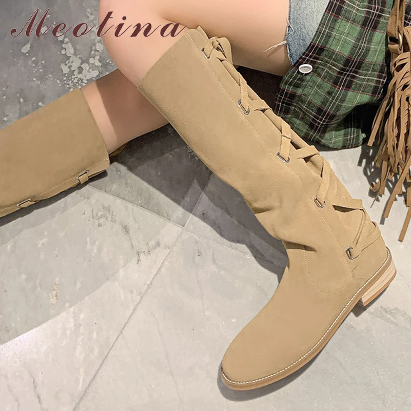 

Meotina Women Genuine Leather Knee High Boots Round Toe Flats Lace-up Long Boot Ladies Fashion Shoes Autumn Winter Apricot 40