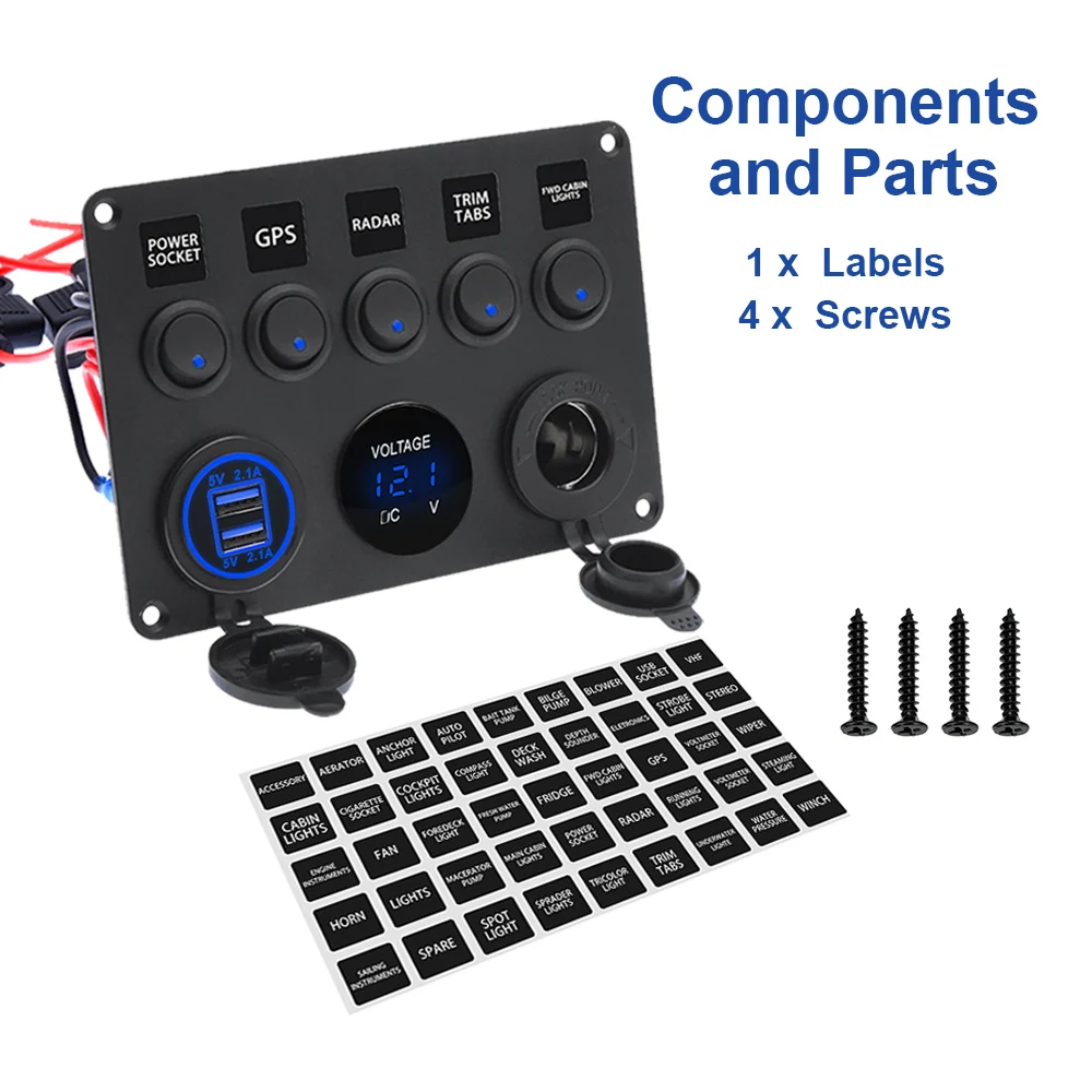 

12V 5 LED Rocker Switch Panel Digital Voltmeter Dual USB Port 12V Socket Combination Waterproof Switch For Automobile Ship