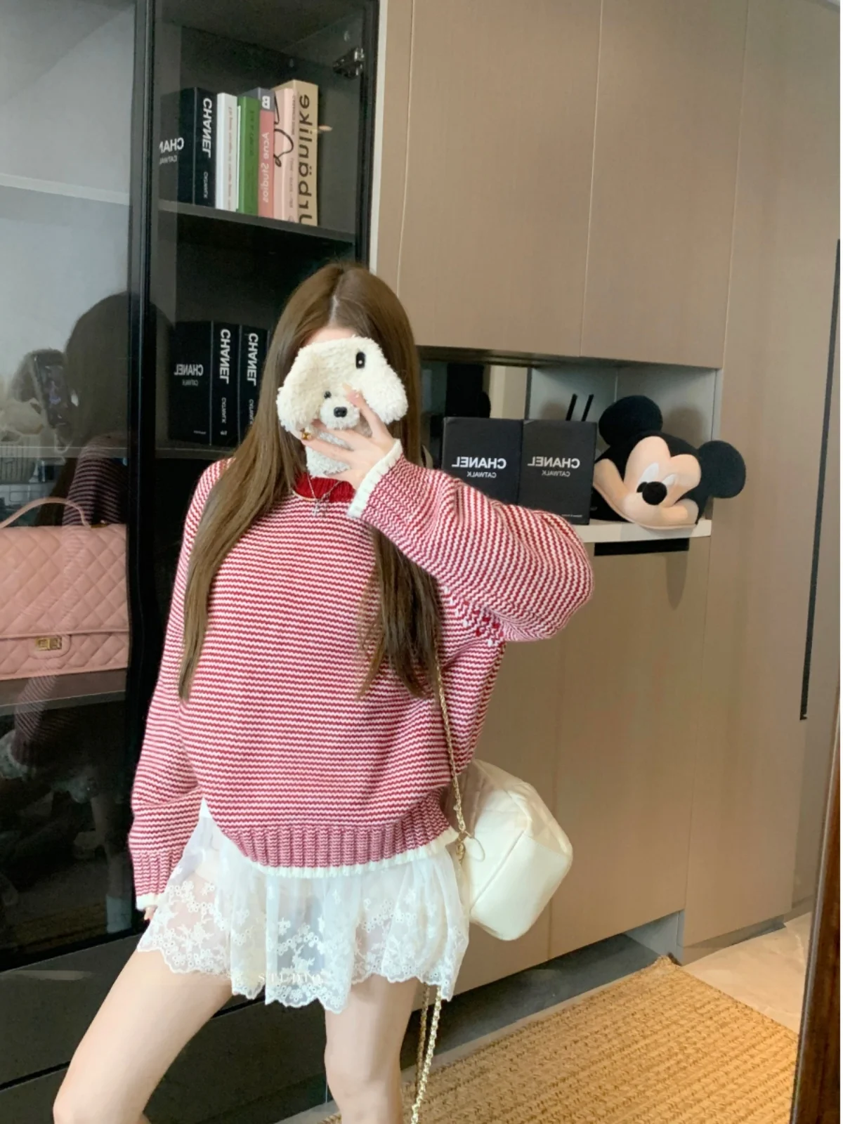 Популярный дизайн корейский свитер в синюю полоску женский зимний 2024 новый