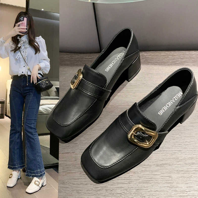 

Shoes for Women 2023 Black Ladies Summer Footwear Moccasins Loafers with Medium Heels Square Toe Chic and Elegant Casual Popular