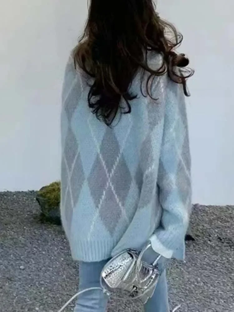 Кардиган оверсайз женские вязаные свитера Argyle зимние винтажные свободные пальто