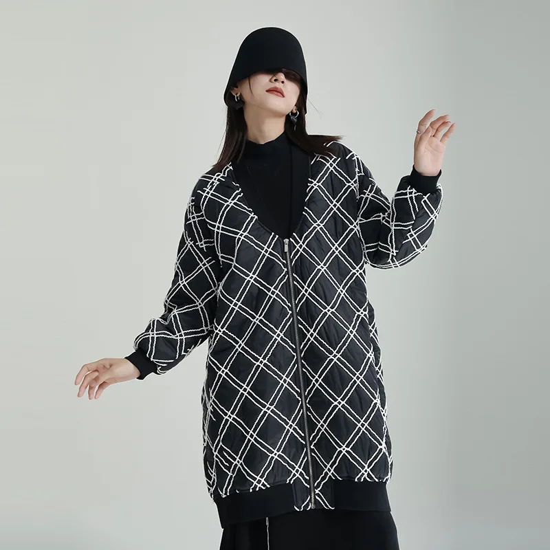 Rhombus V-Neck Black Medium-Length Cotton Jacket Design Sense Loose Lazy Wind Ming Line Collision Color Cotton Jacket Female