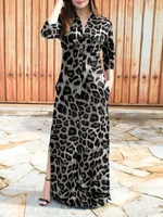 vonda women bohemian button down polyester maxi dresses street vestido vintage shirt dress leopard print long sleeve lapel robe