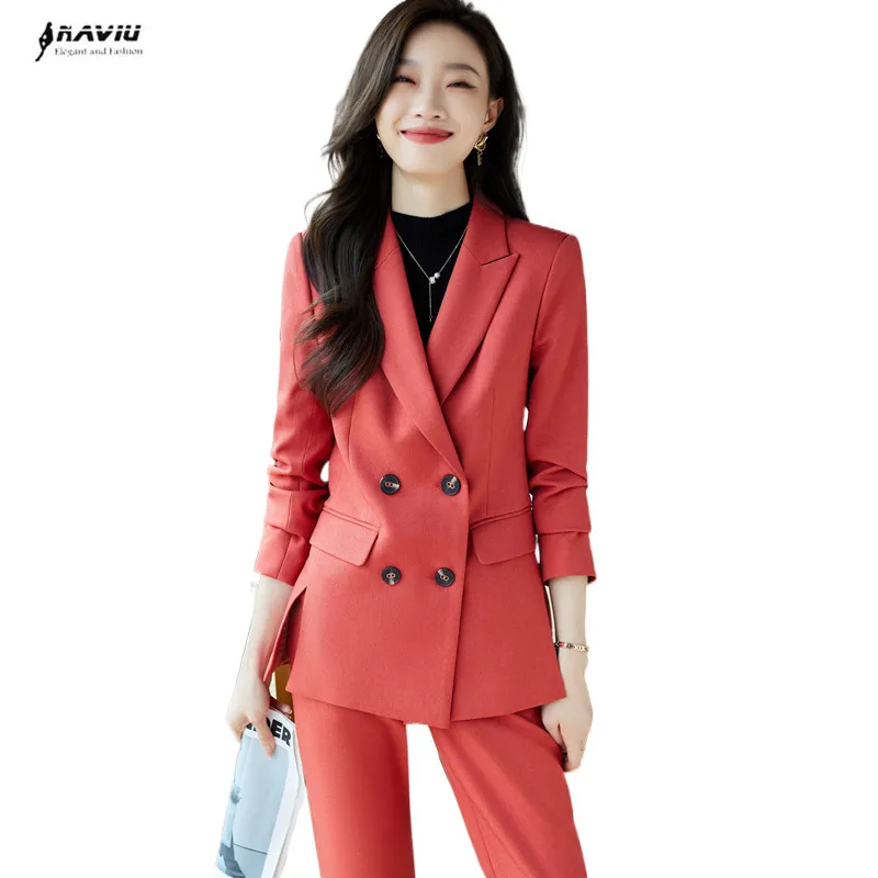 Naviu New Winter Long Sleeve Pants Suit Women 2 Pieces Set Blazer and Trousers For Lady Office Wear Formal Uniform