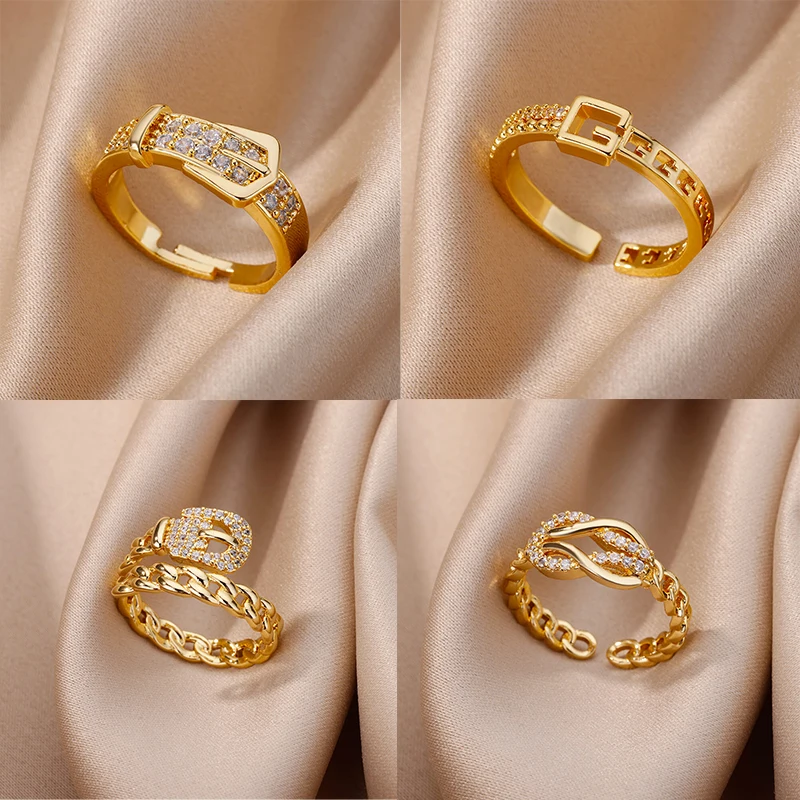 

Zircon Belt Shape Rings For Women Stainless Steel Adjustable Knot Chain CZ Crystal Zircon Finger Ring Jewelry Gift Bague
