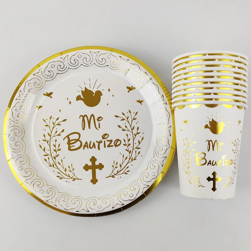 

20 Pieces Spanish Baptism Mi Bautizo logo 7inch Disposable Plates and 250ml Cup For Spain Kids Baptism Party Decoration Items