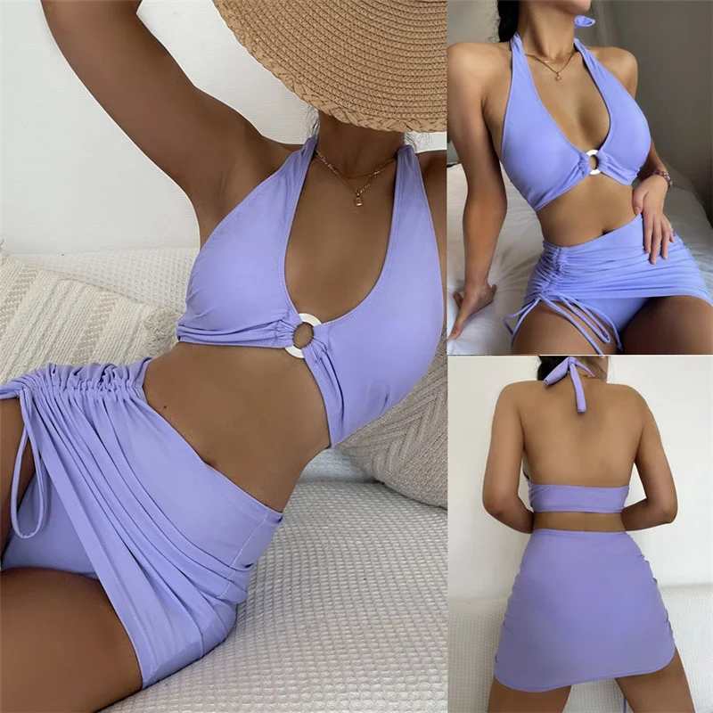 

Purity High Waist Bikini Set Cover Up Swimsuit For Women Push Up Sling Three Pieces Swimwear 2023 Beach Bathing Suits