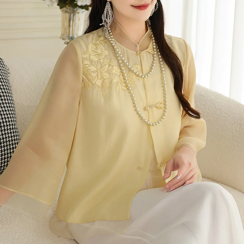 High-end Spring Summer Top Chinese Tang Attire Retro Embroidery Elegant Lady Blouse Female S-XXL