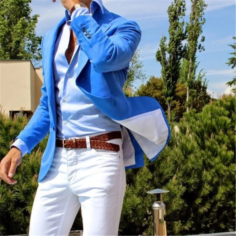 2022 New Summer Style Royal Blue Coat White Pant Mens Suits 2 Pieces(Jacket+Pants) Groom Groomsman Blazer Costume Homme