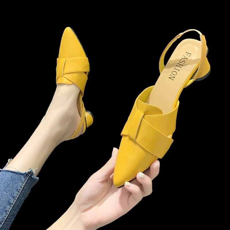 

Summer Pointed Toe Sandals Women Fashion High Quality Beige Square Heel Shoes Casual Sweet Party Yellow High Heels Plus Size 42