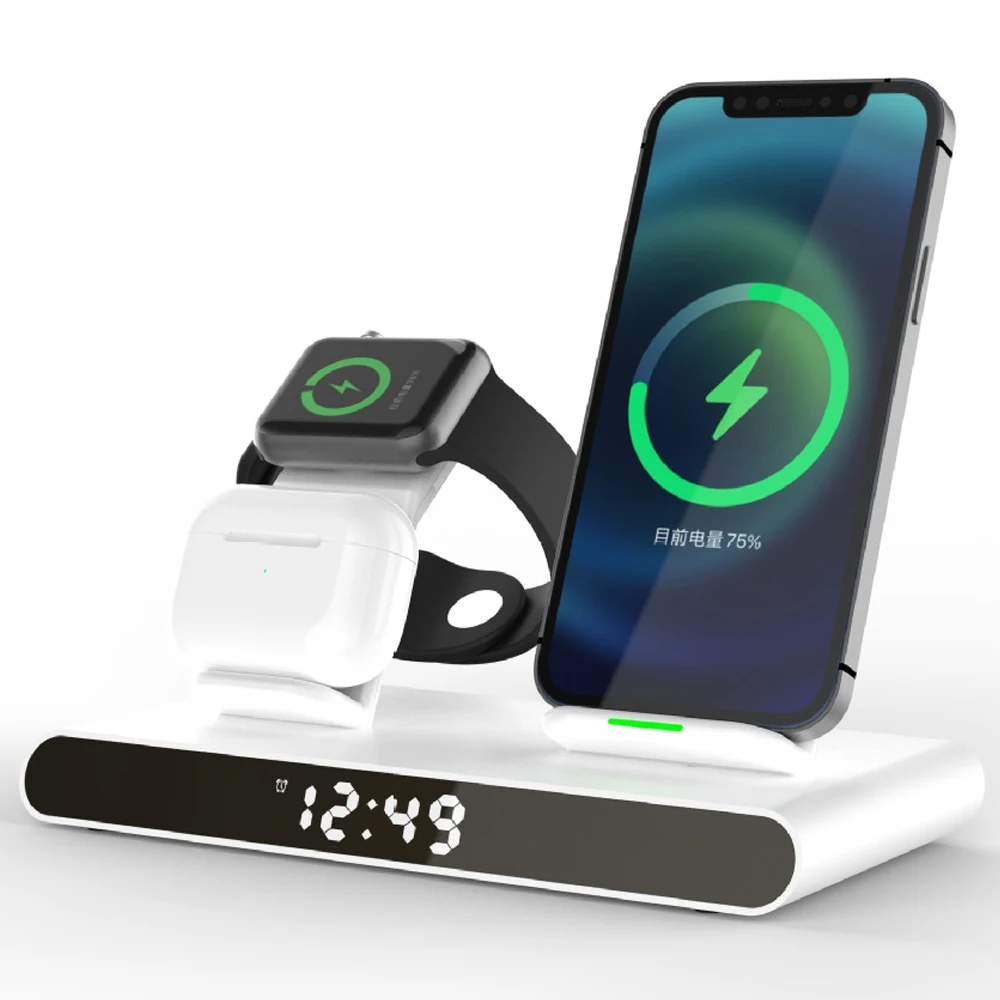 Kup Bezprzewodowa ładowarka 3 W 1 Dla IPhone 13 12 11 Pro Max IWatch AirPods Qi Szybkie ładowanie Stacja Dokująca Budzik Bezprzewodowe ładowarki