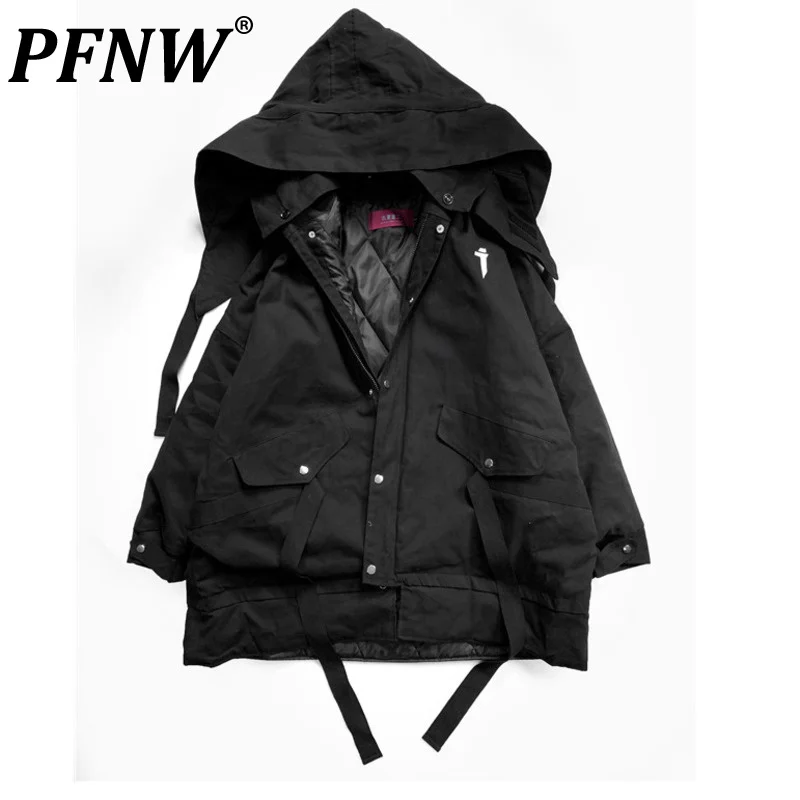 

PFNW China-Chic Heavy Industry Darkwear Function Ribbon Cotton Padded Men's Detachable Hats Safari Style Techwear Coats 12A7381