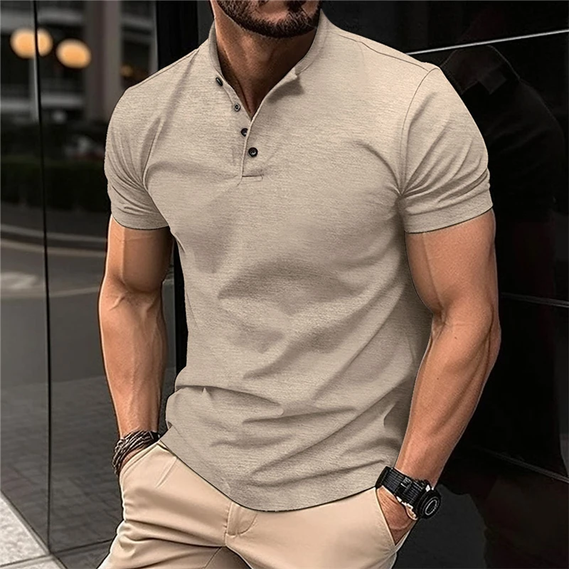 

Men's Clothing Summer Vintage Henry Collar Sports T-shirts Casual Solid Short Sleeve Button Polo Tee Shirt Streetwear Slim Tops