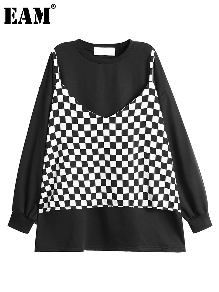 

[EAM] Women Black Plaid Big Size False Two Casual T-shirt New Round Neck Long Sleeve Fashion Tide Spring Autumn 2022 1DE5003