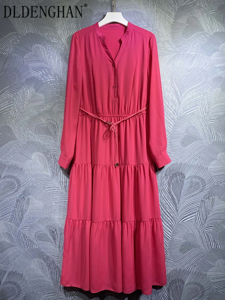 

DLDENGHAN Women Dress V-Neck Long Sleeve Belt Single Breasted Elastic Waist Solid Midi Dresses Fashion Designer Autumn New