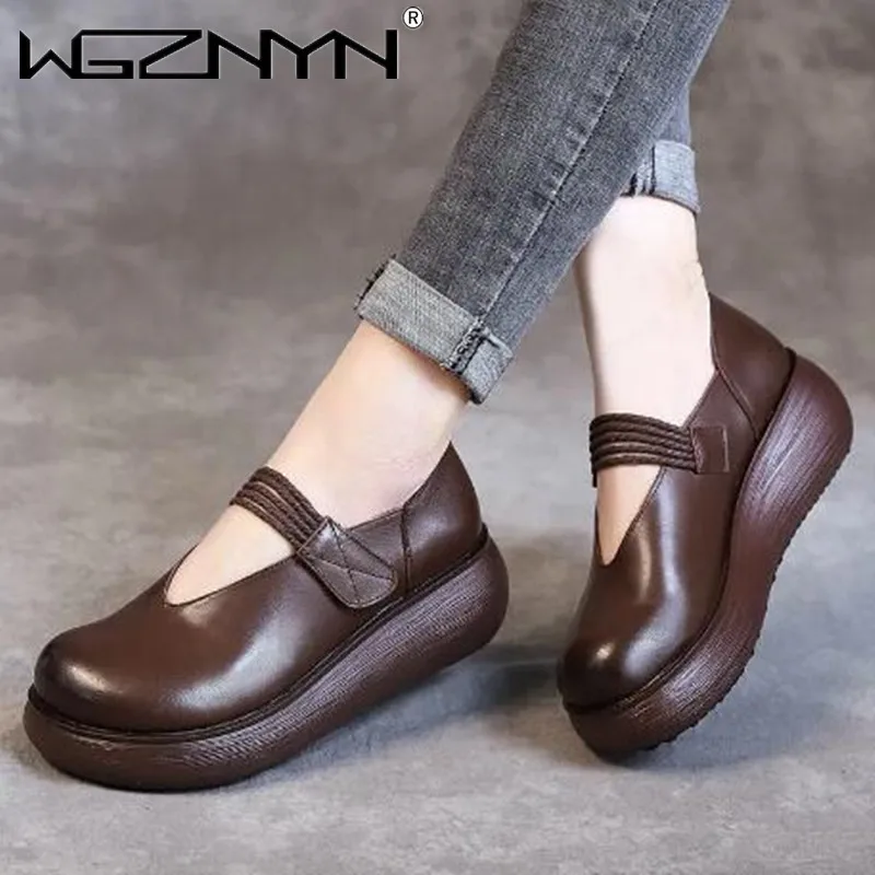 

2022 Spring Retro Women Genuine PU Leather Shoes National Style Slope Heel Shoes Thick Sole Casual Shoe Ladies Platform Shoes
