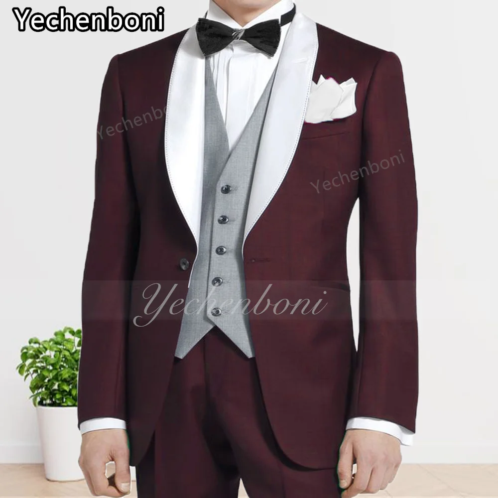 

Yechenboni 2023 Custom Elegant Burgundy Tuxedo Dance Party Men Wedding Suits 3 Pieces(Jacket+Pant+Vest)Traje De Novio Para Boda