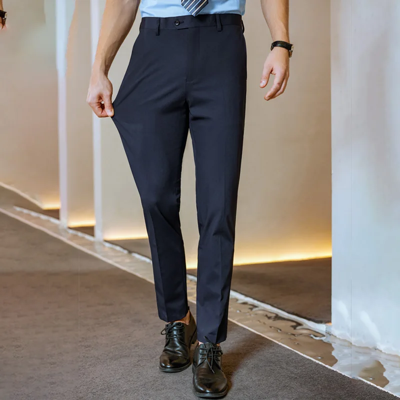 Мужские эластичные брюки прямые без глажки черные облегающие рабочие