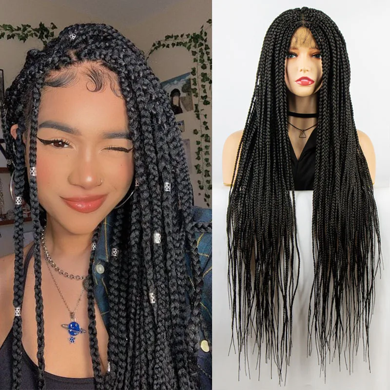 Belle Show Full Lace Wig Box Braid Long Wigs Middle Part Hat Wig Synthetic 36 Inches Braiding Hair Wig For Women Daily Use
