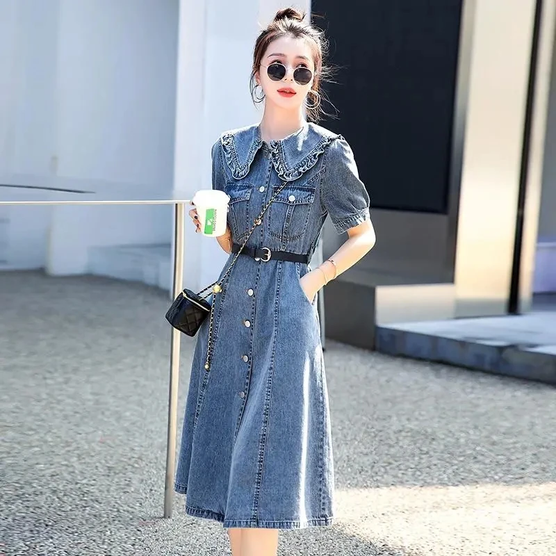 

Denim Dress Women 2023 Summer New Light Ripe Wind Fashion Denim Shirt Dresses Female Doll Collar Single Breasted A-line Skirt