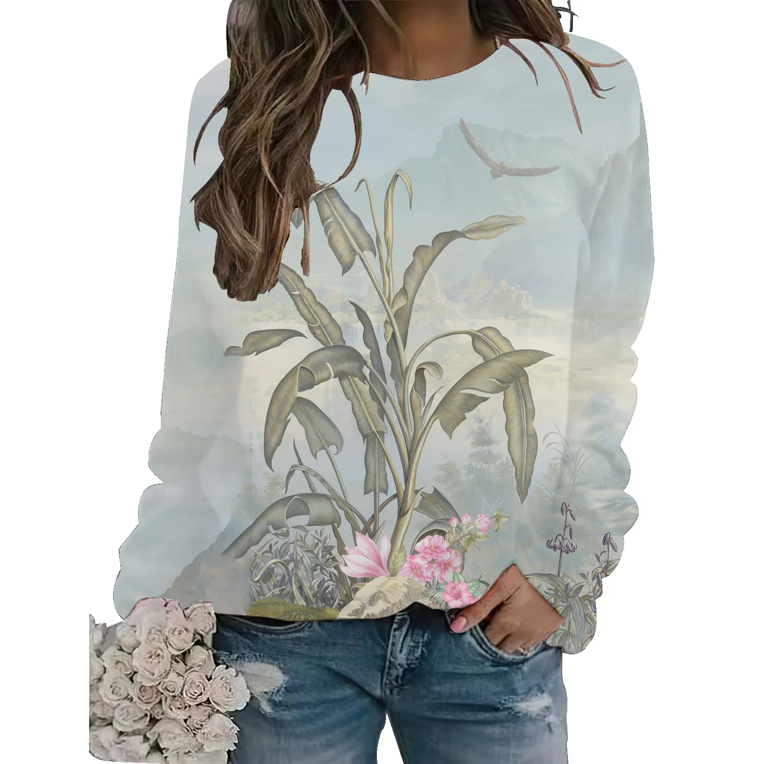 

2022 autumn and winter models can not ball new art watercolor flowers loose printing sweater women's high school long top women