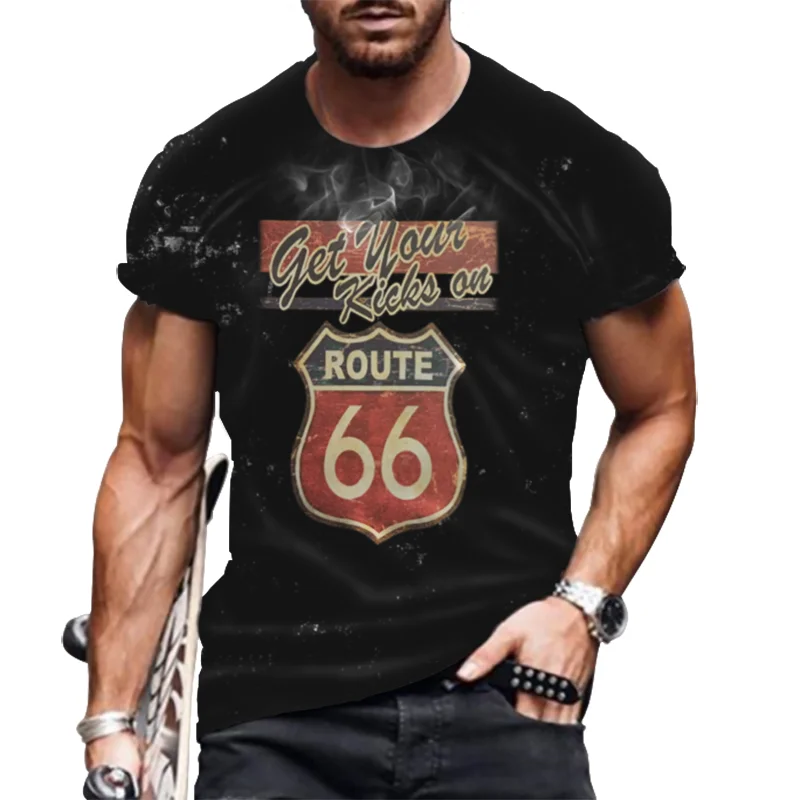 

66 US Highway 3D T-Shirt Summer New Short-Sleeved Sweat-Absorbent And Breathable Top O-Neck T-Shirt Men's Oversized Shirts Tees