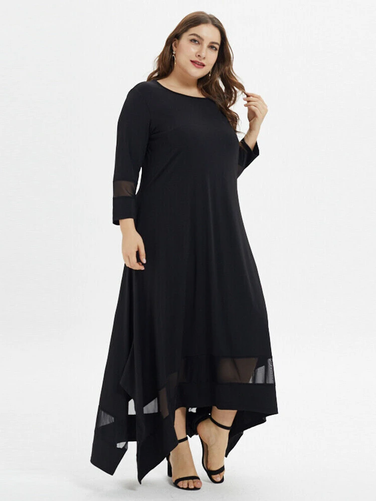 New best-selling plus-size women seven-point sleeve mesh crewneck splicing slit Muslim plus size dresses