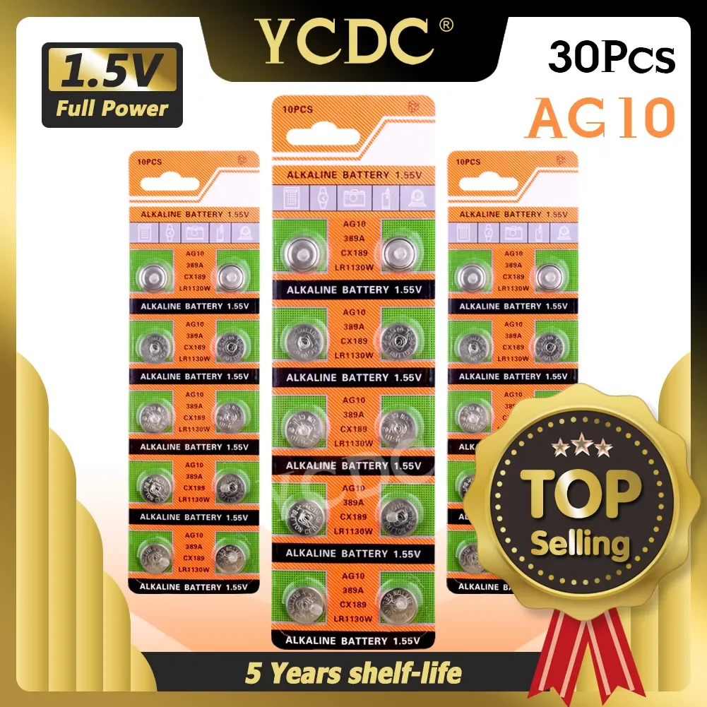 

YCDC Button Battery 30pcs AG10 For Watch Toys Remote 189 LR54 Cell Coin Alkaline Battery 1.55V SR54 389 189 LR1130 389 SR1130