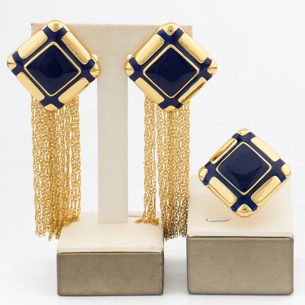 

African Women Jewelry Set for Engagement Square Design Tassel Earrings and Ring Colored Jewellery Nigerian Gold Plated Accessory