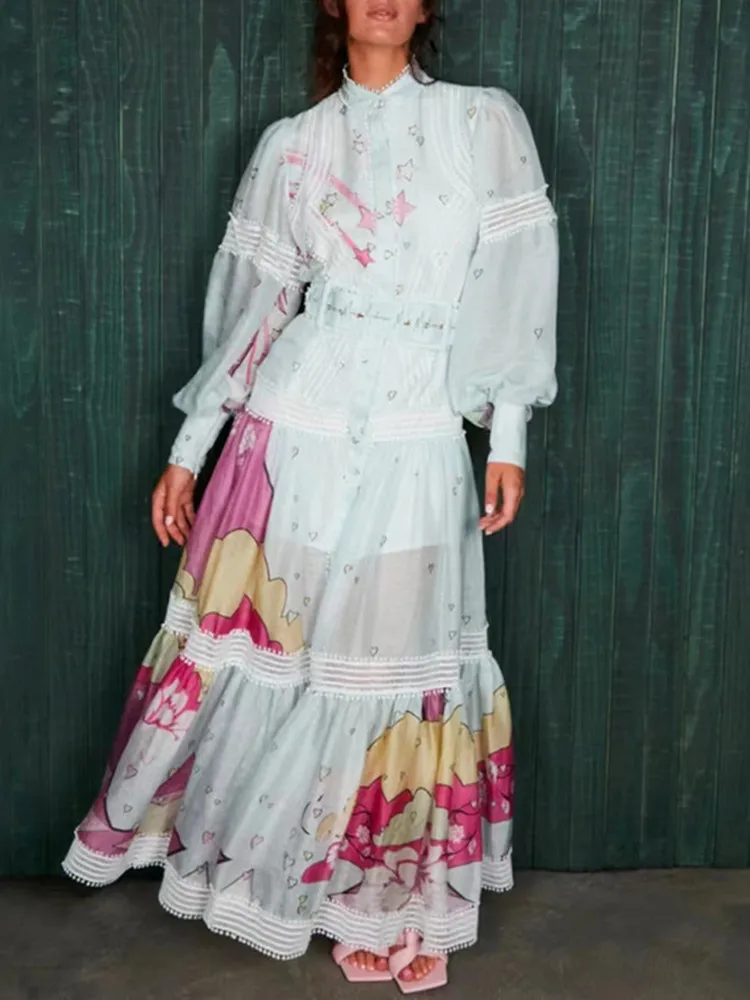 

Women Single Breasted Stand Collar Maxi Dress Lantern Sleeve Lace Stitching Fashion Lady Long Robe with Sashes 2022 Early Autumn