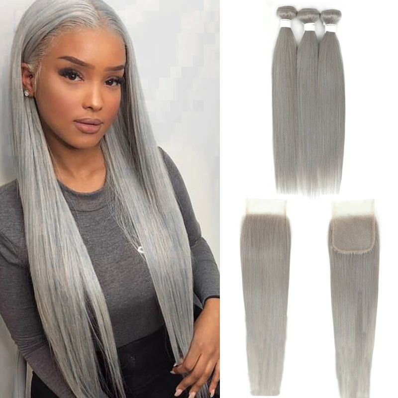 Brazilian Straight Bundle With Closure 4x4 Silver Grey Color 3 Bundles With Closure Gray Remy 100% Human Hair Bundles KEMY HAIR